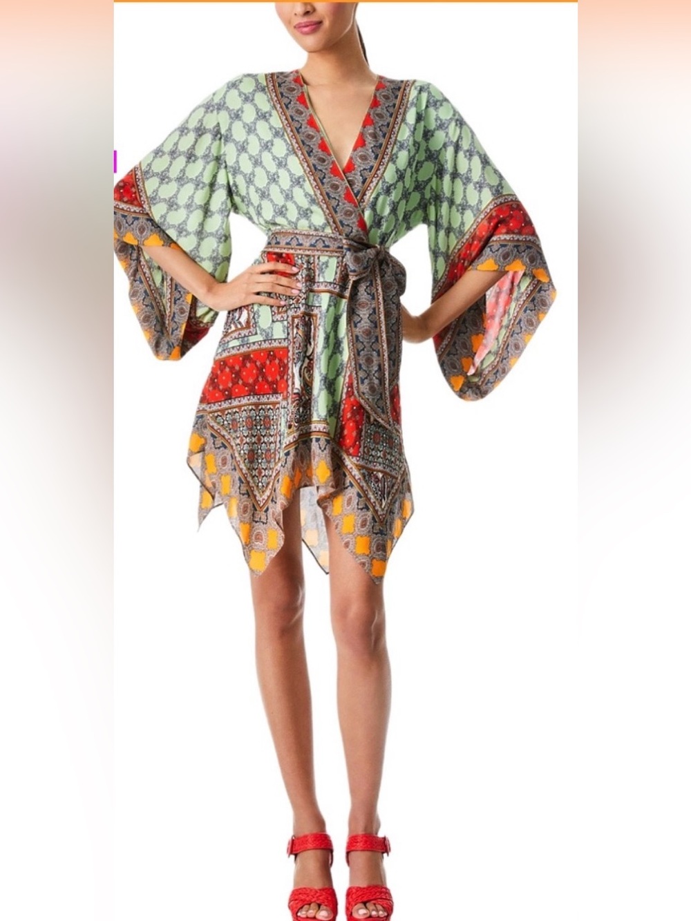 *Modified* Alice + Olivia Lime Green and Red Paisley Patchwork Wrap Dress